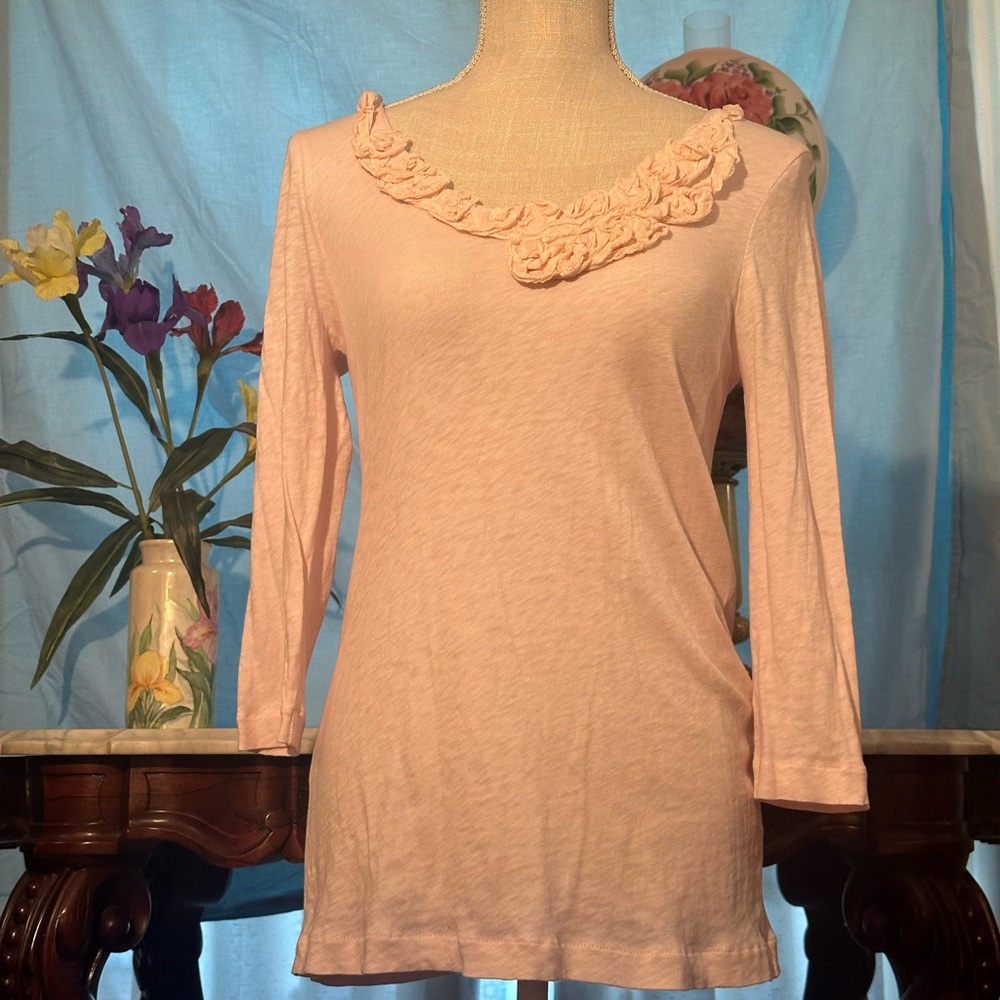 J. Crew Light Pink Ruffle Neck Long Sleeve Top